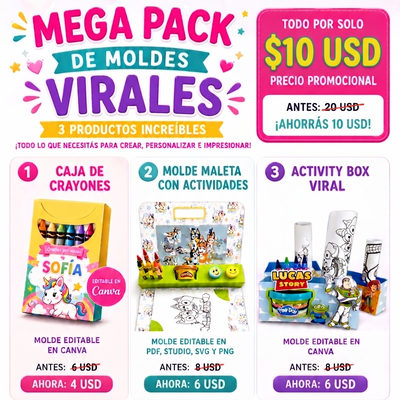 Lleva los 3 de arriba juntos y AHORRA. Mega pack Moldes Virales 3 en 1 (Crayones + Maleta + Activity Box)